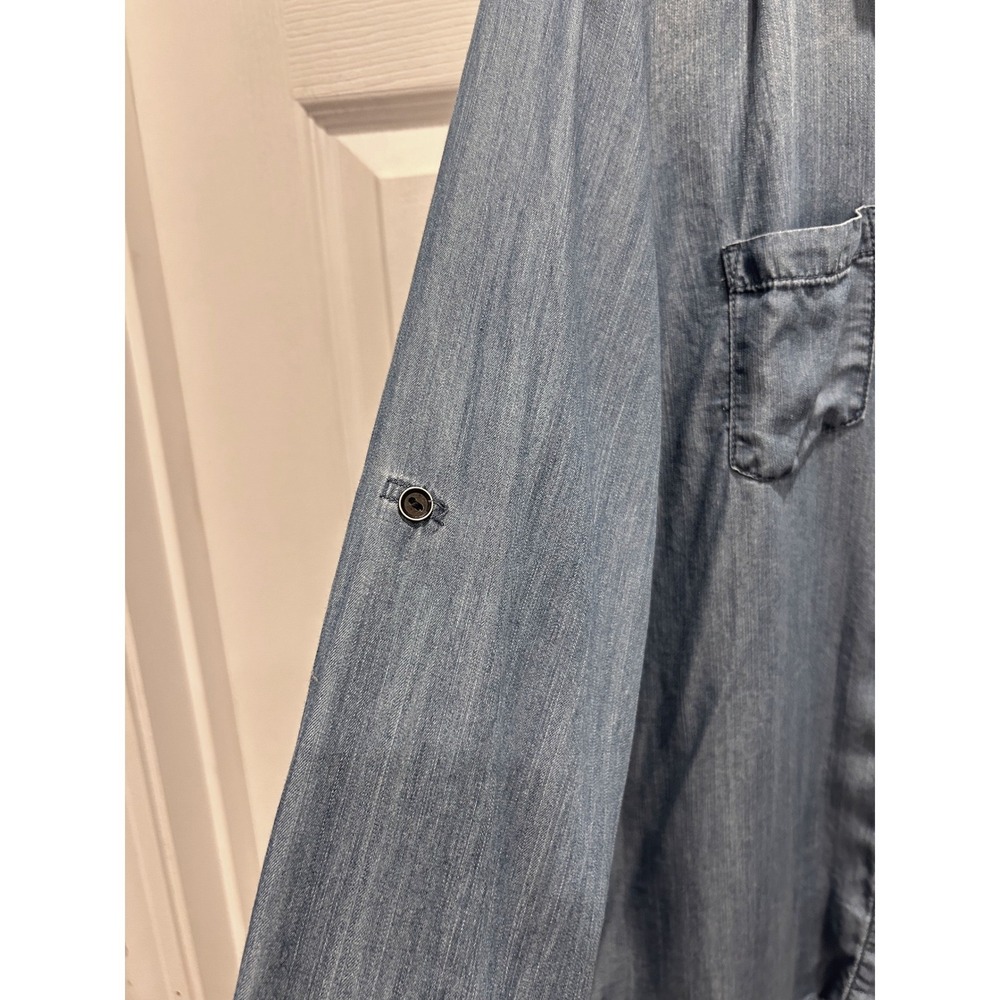 Beachlunchlounge Blue Lyocell Denim Shirt Frayed Hem Roll Tab Sleeve Womens L - Picture 2 of 10